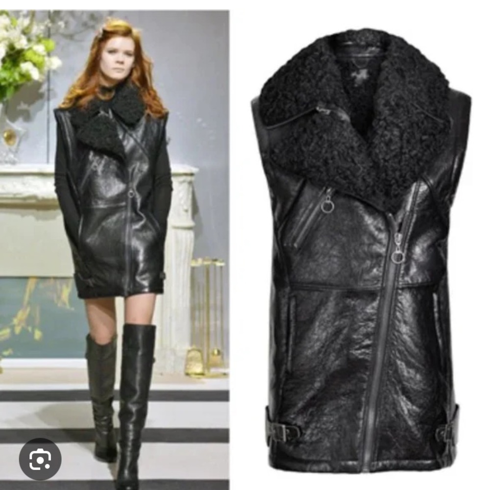 RARE H&M Autumn Collection 2013 Black Shearling Leather Moto Vest Size XS 40” - Picture 2 of 10